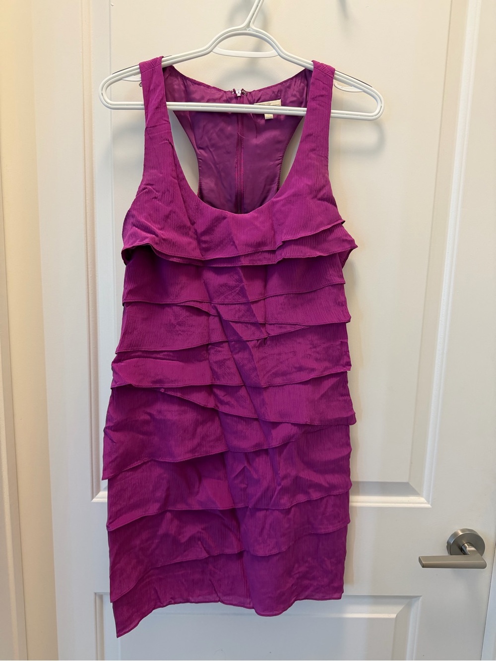 Shoshanna Tiered Ruffle Mini Dress in Magenta